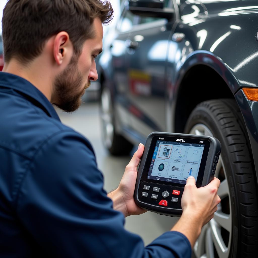 Mechanic Using Autel MaxiSys Elite in a Workshop