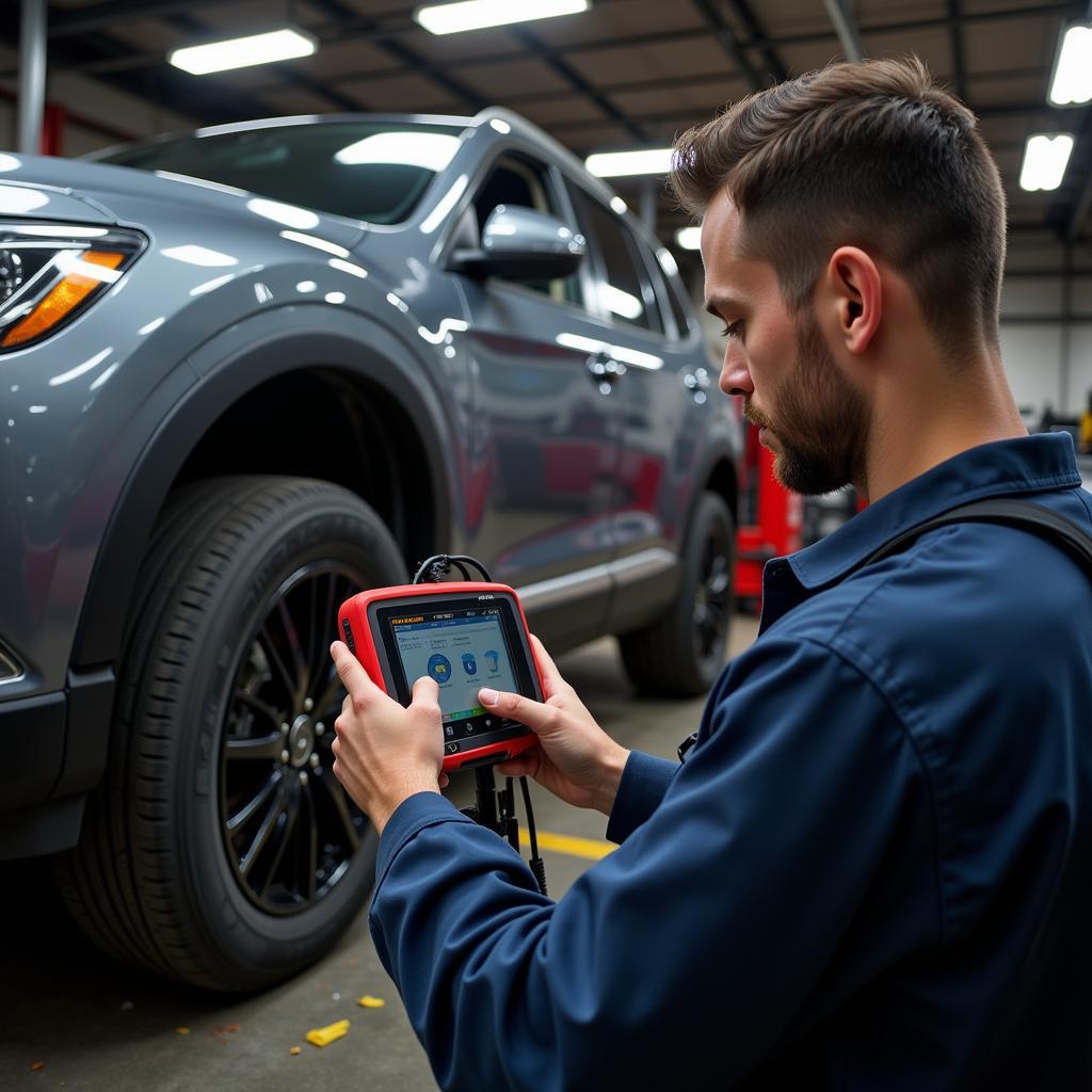 Mechanic Using Autel MaxiSys MS906 in Workshop