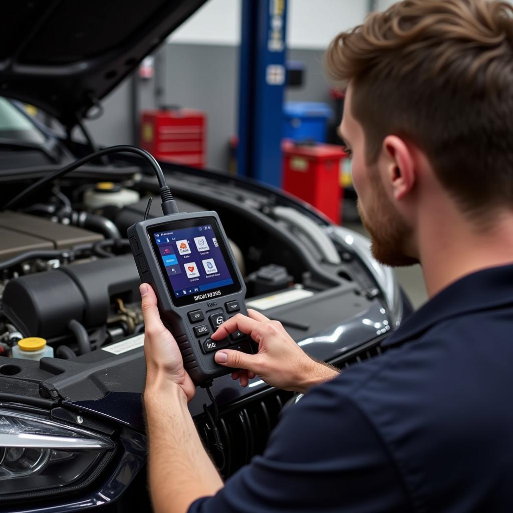 Mechanic using Autel MaxiSys MS906 on a car engine