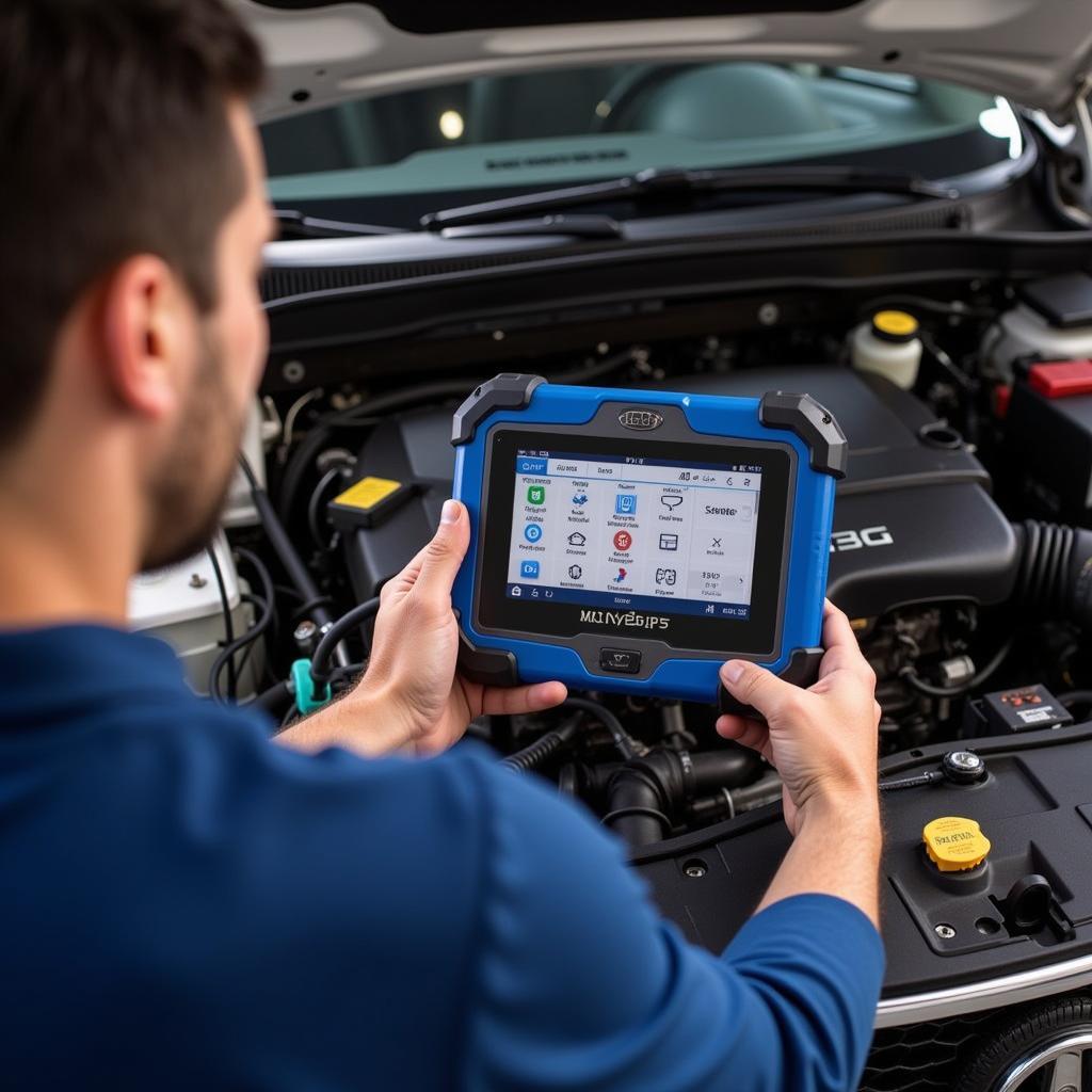 Mechanic Using Autel MaxiSys MS908 on Car