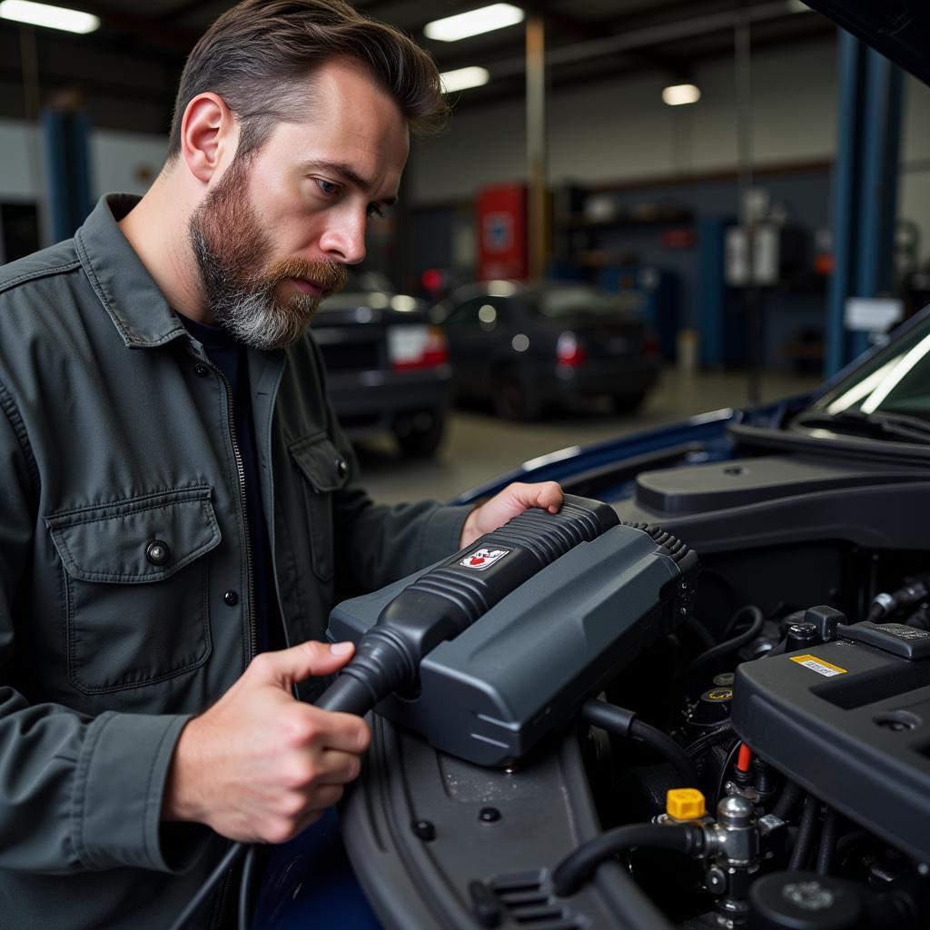 Mechanic Using Autel MaxiTool to Diagnose Car Issue