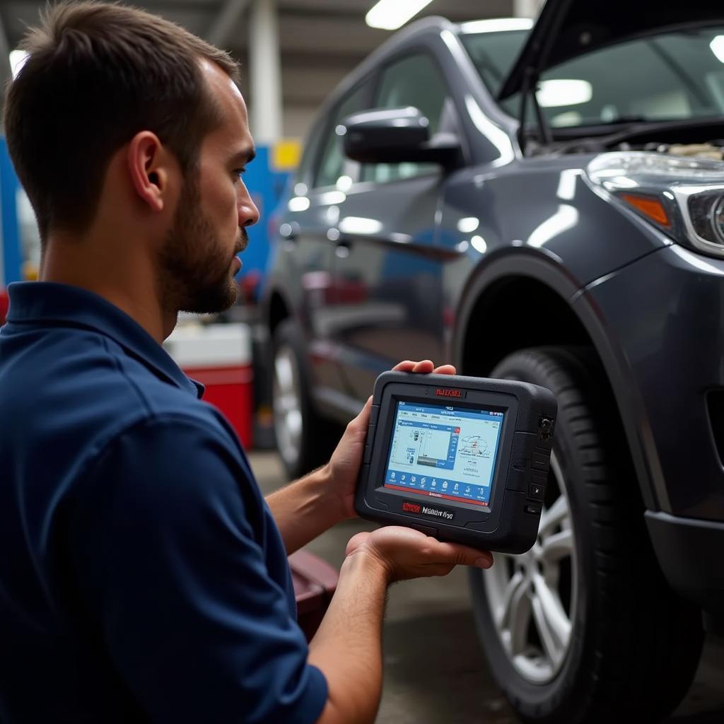 Mechanic Using Autel MD801 in Workshop