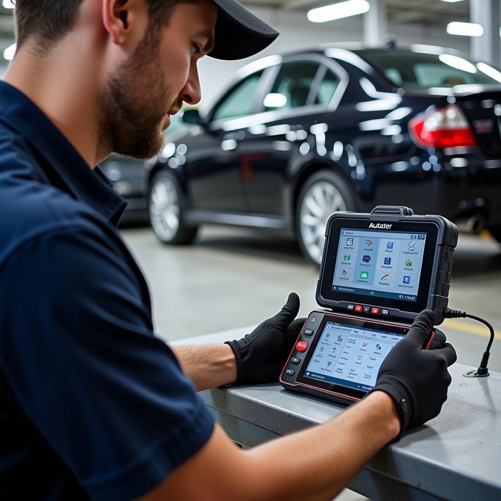 Mechanic Using the Autel MD802 in a Workshop Setting