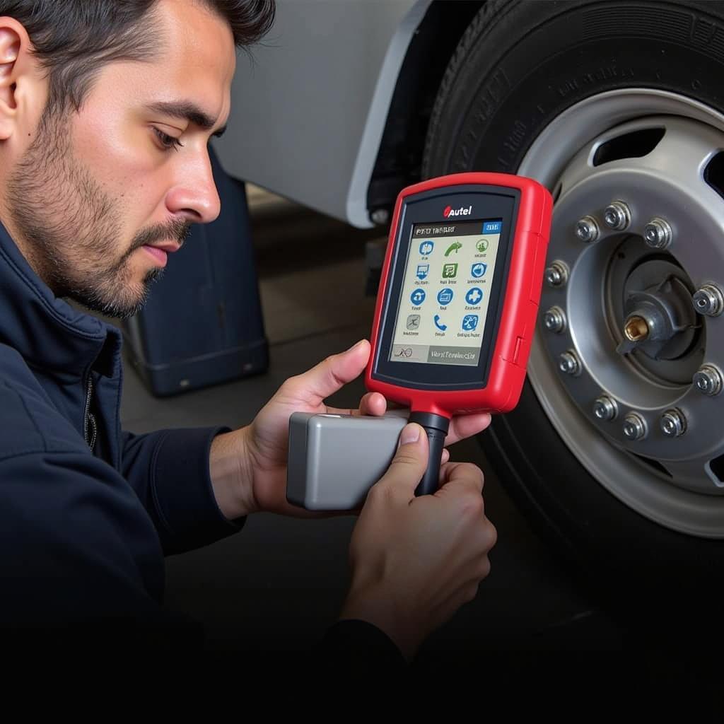 Mechanic Using Autel MD805 on Diesel Truck