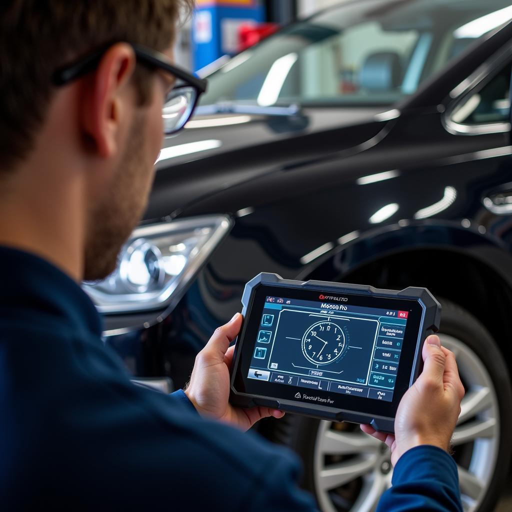 Mechanic using the Autel MD808 Pro on a car.