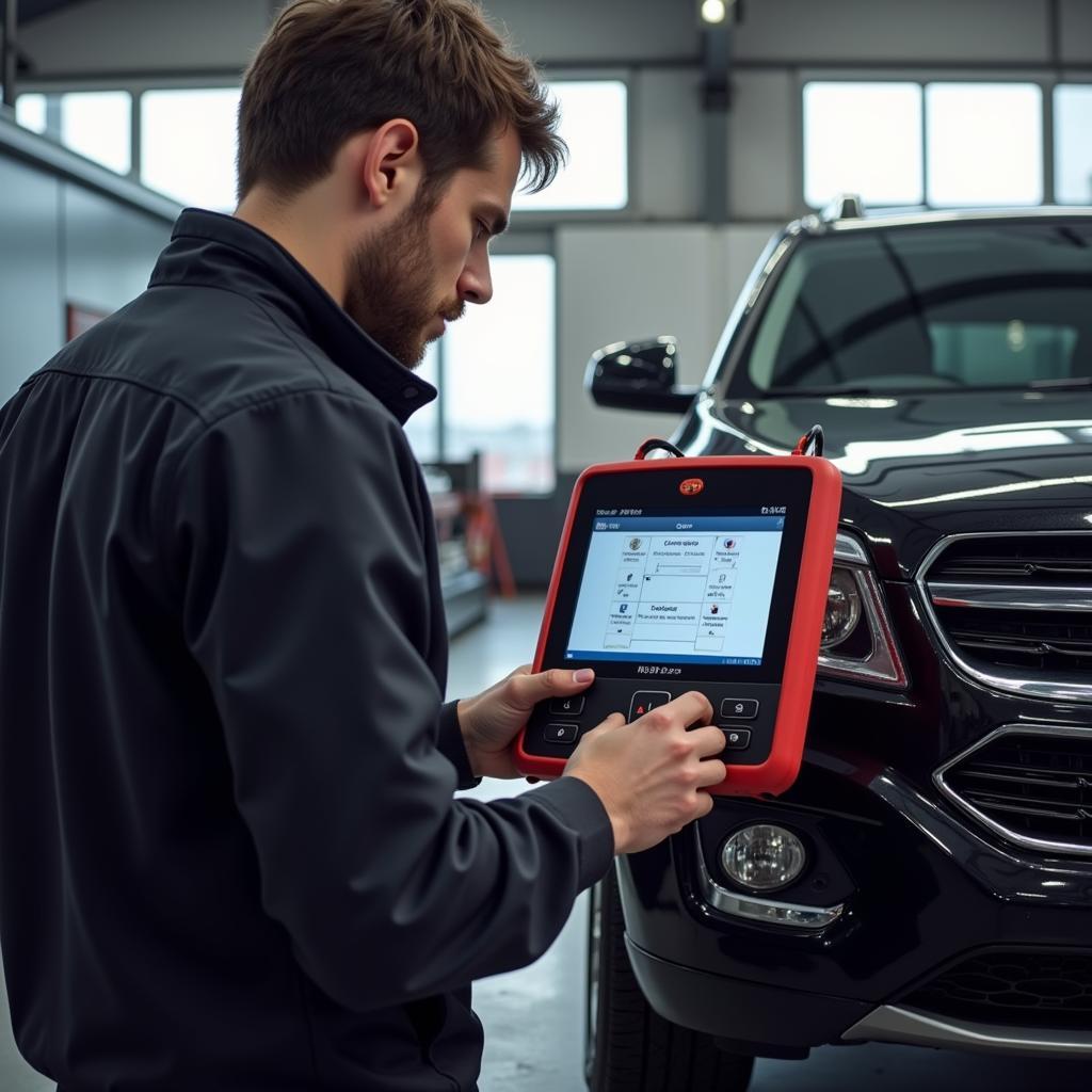 Mechanic Using Autel MK808 in a Workshop