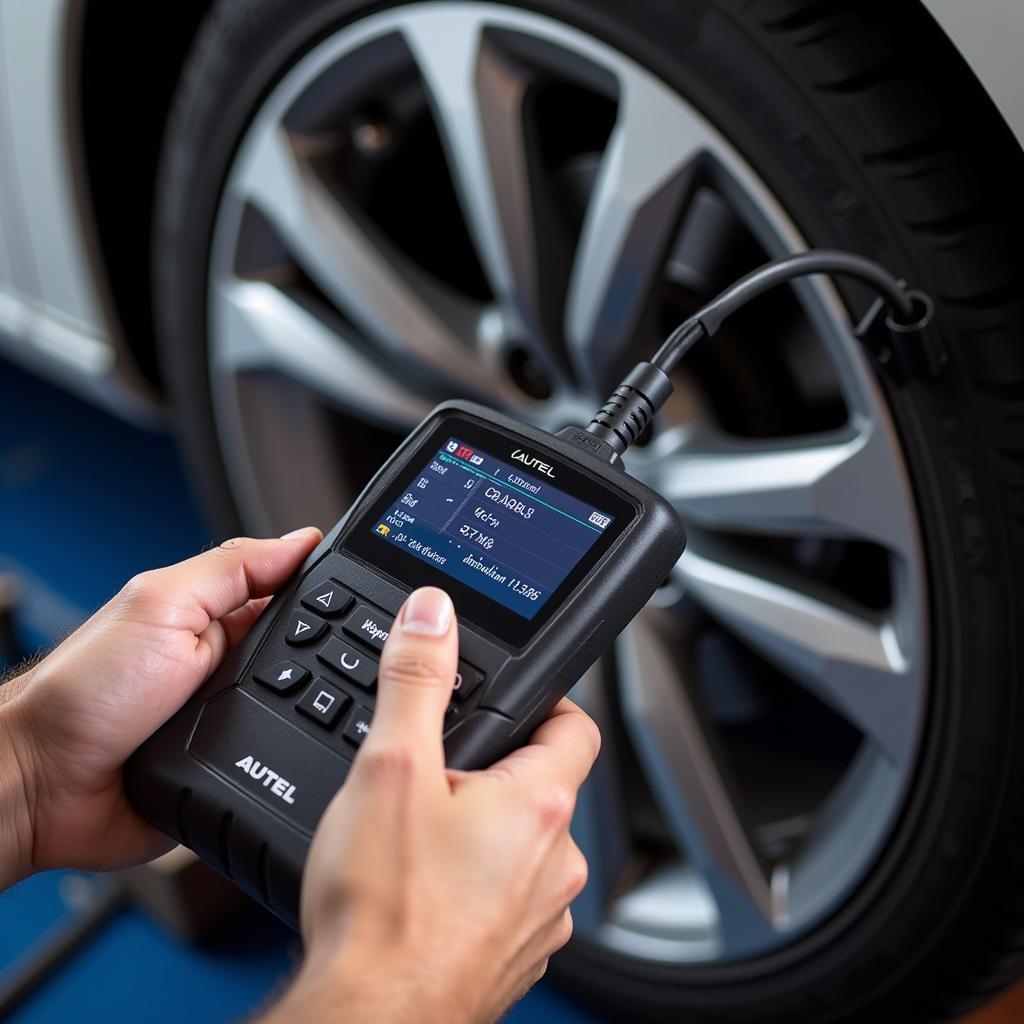 Mechanic Using Autel MP808TS for TPMS Service