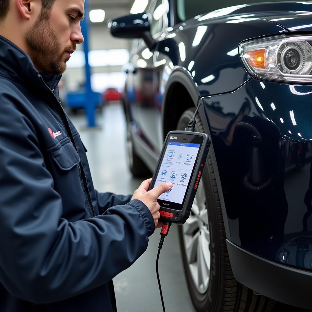 Mechanic Using Autel MS906BT in a Workshop