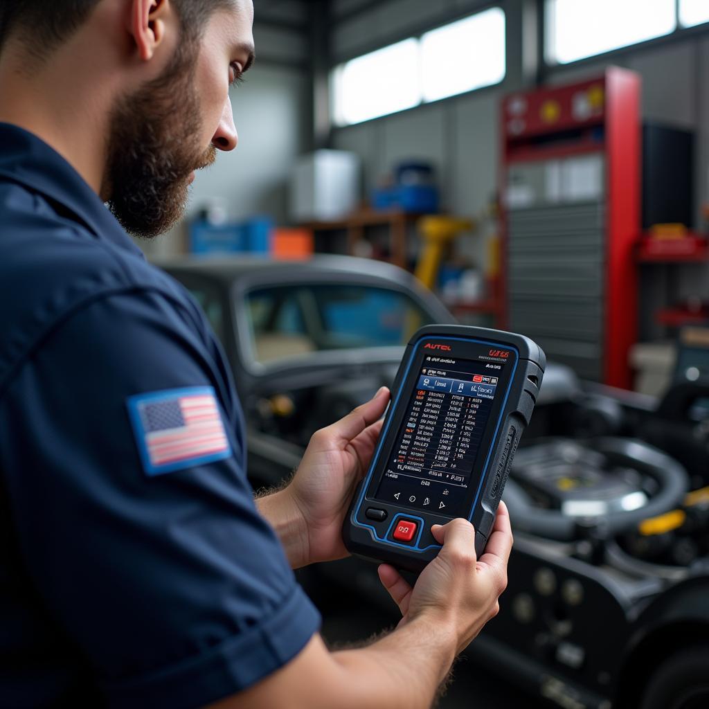 Mechanic Using Autel MS906CV in Workshop