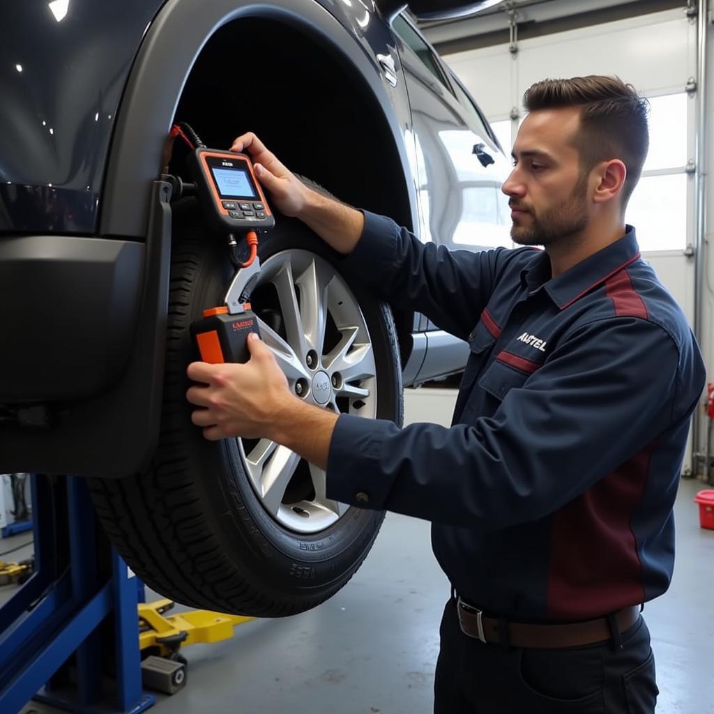 Mechanic Using Autel MS908 in a Garage