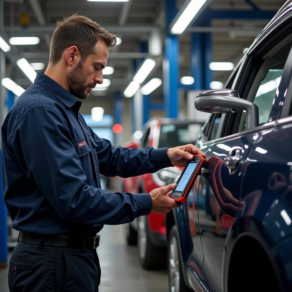 Mechanic Utilizing Autel MS909 in a Busy Repair Shop