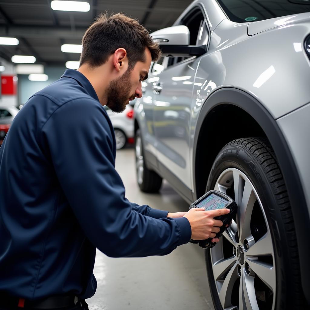 Mechanic Using Autel MX808 Scanner in Workshop