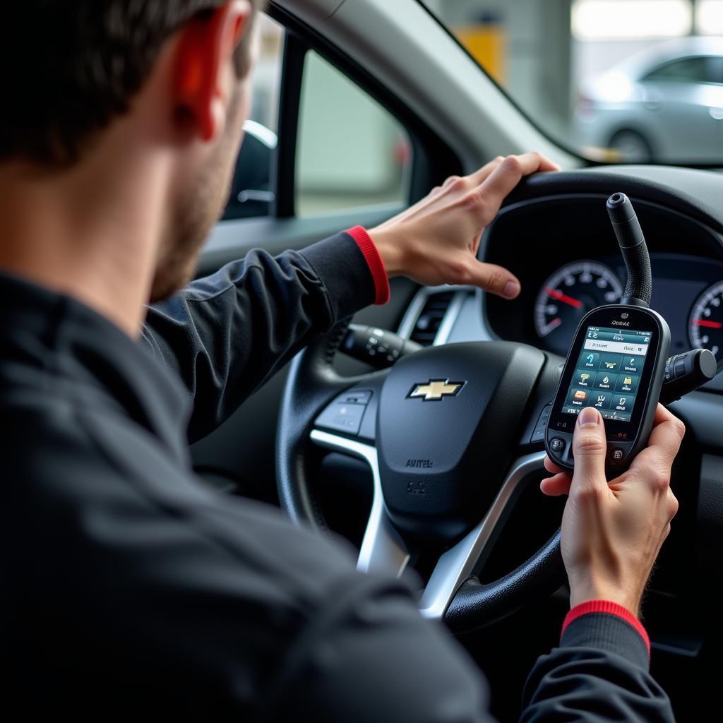 Mechanic Using Autel Reader on Chevy Volt