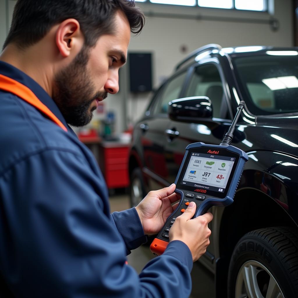 Mechanic Using an Autel Scanner to Diagnose a Car Problem