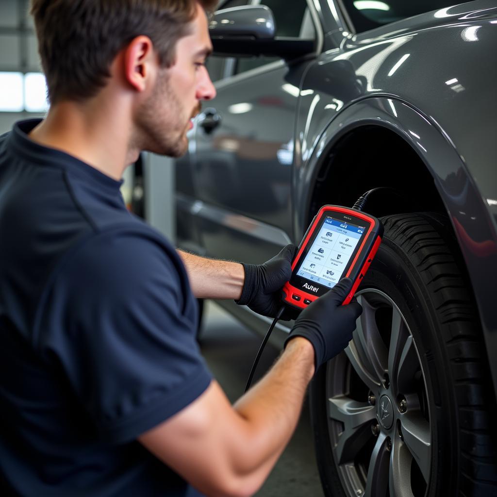 Mechanic Using Autel Diagnostic Scanner