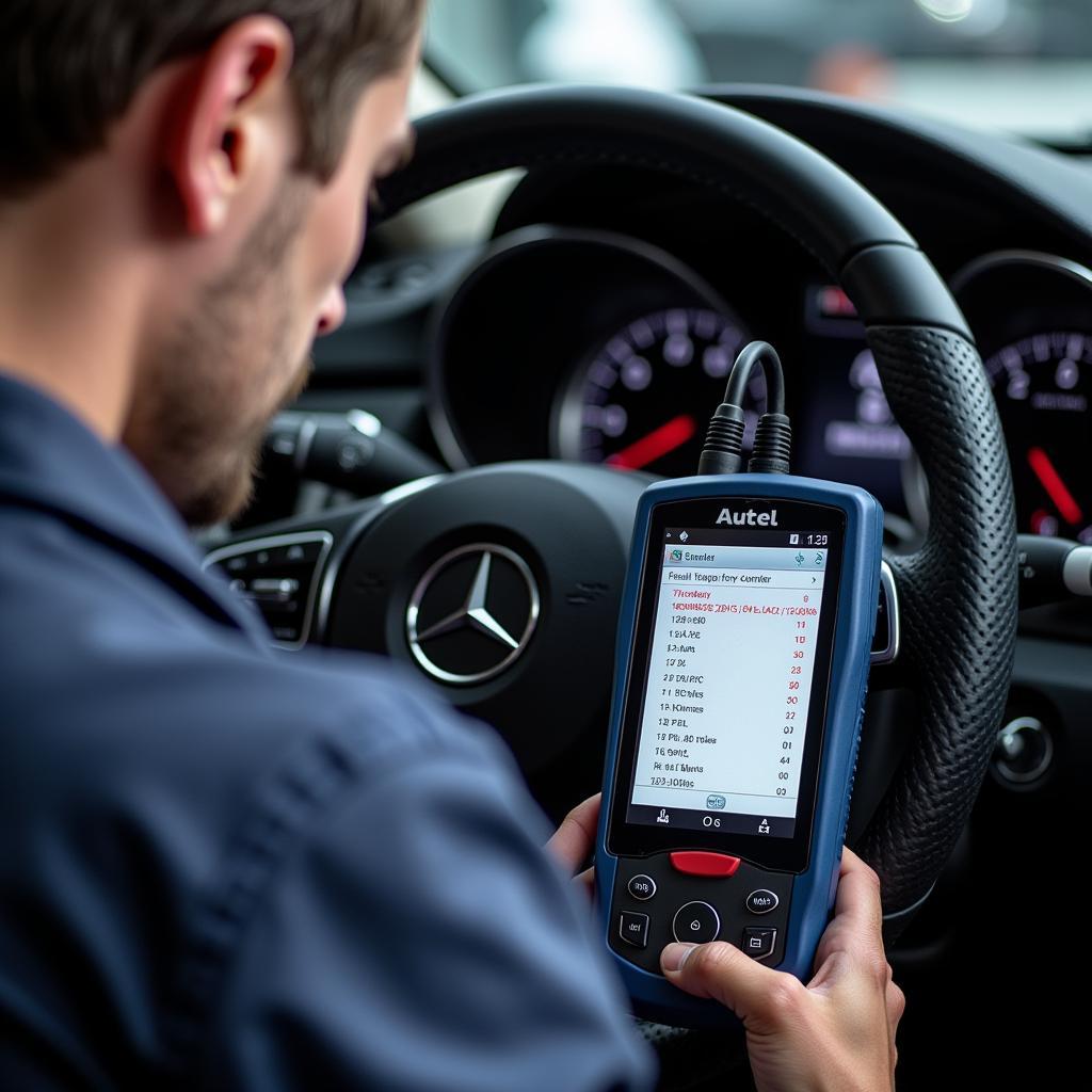 Mechanic Using Autel Scanner for Airmatic Diagnosis