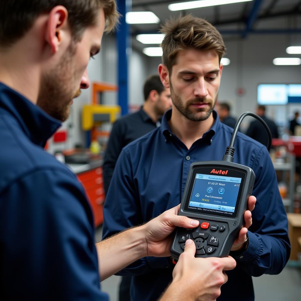 Mechanic Using Autel Scanner in Workshop