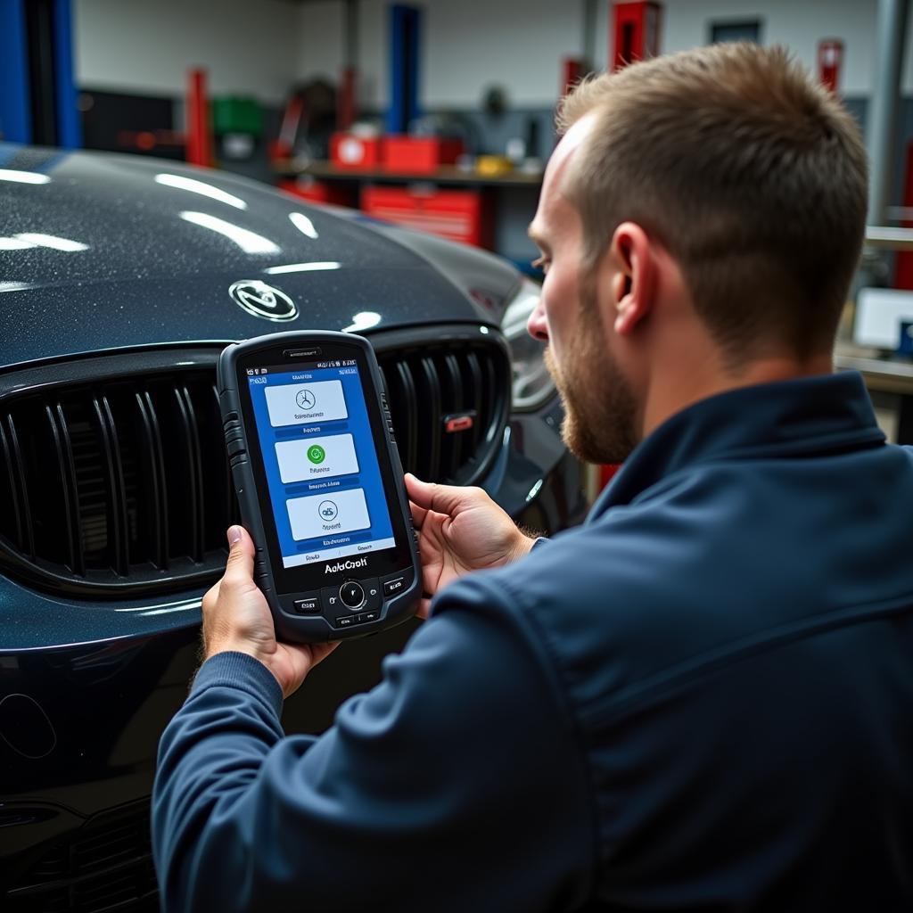 Mechanic Using Autel Scanner in Workshop