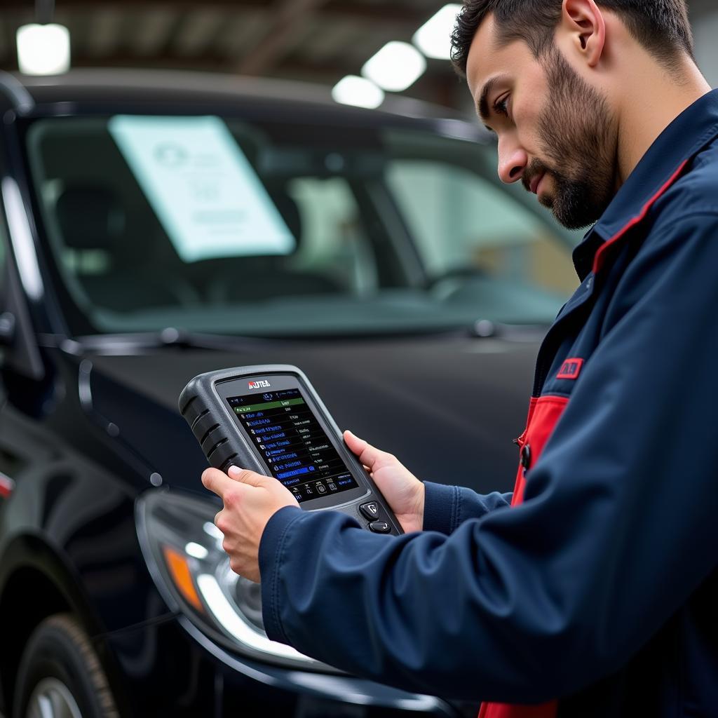 Mechanic using an Autel scanner to diagnose a car in a workshop