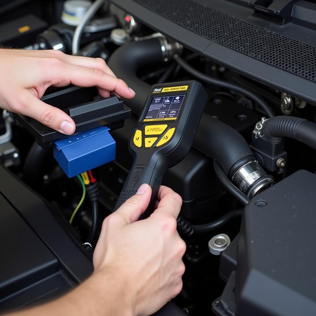 Mechanic Using Autel Scanner on Car Engine