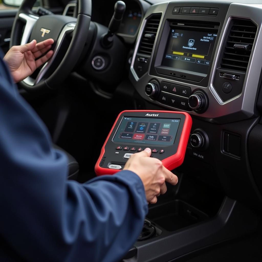 Mechanic Using Autel Scanner on GM Car