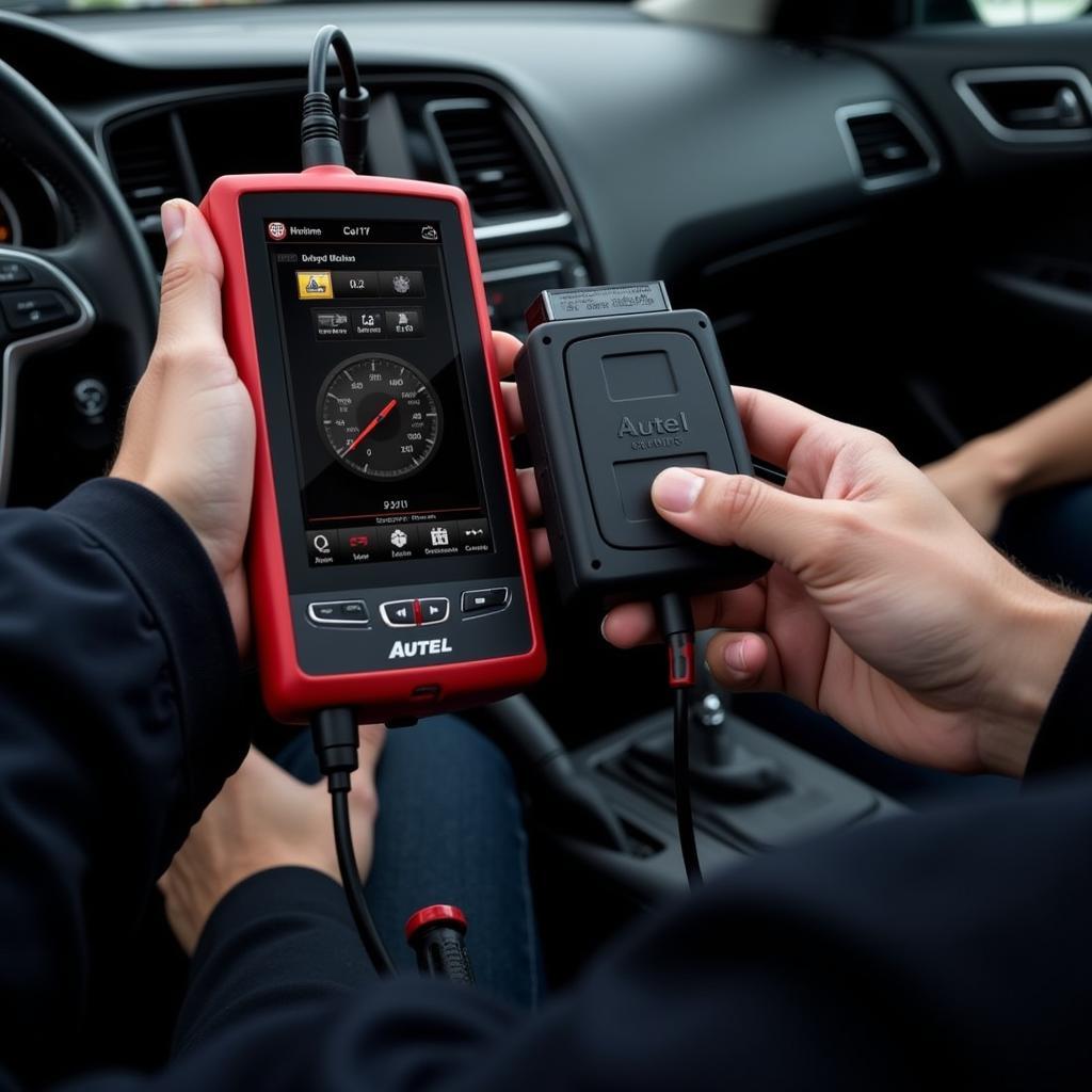 Mechanic using an Autel scanner to diagnose a vehicle's instrument cluster