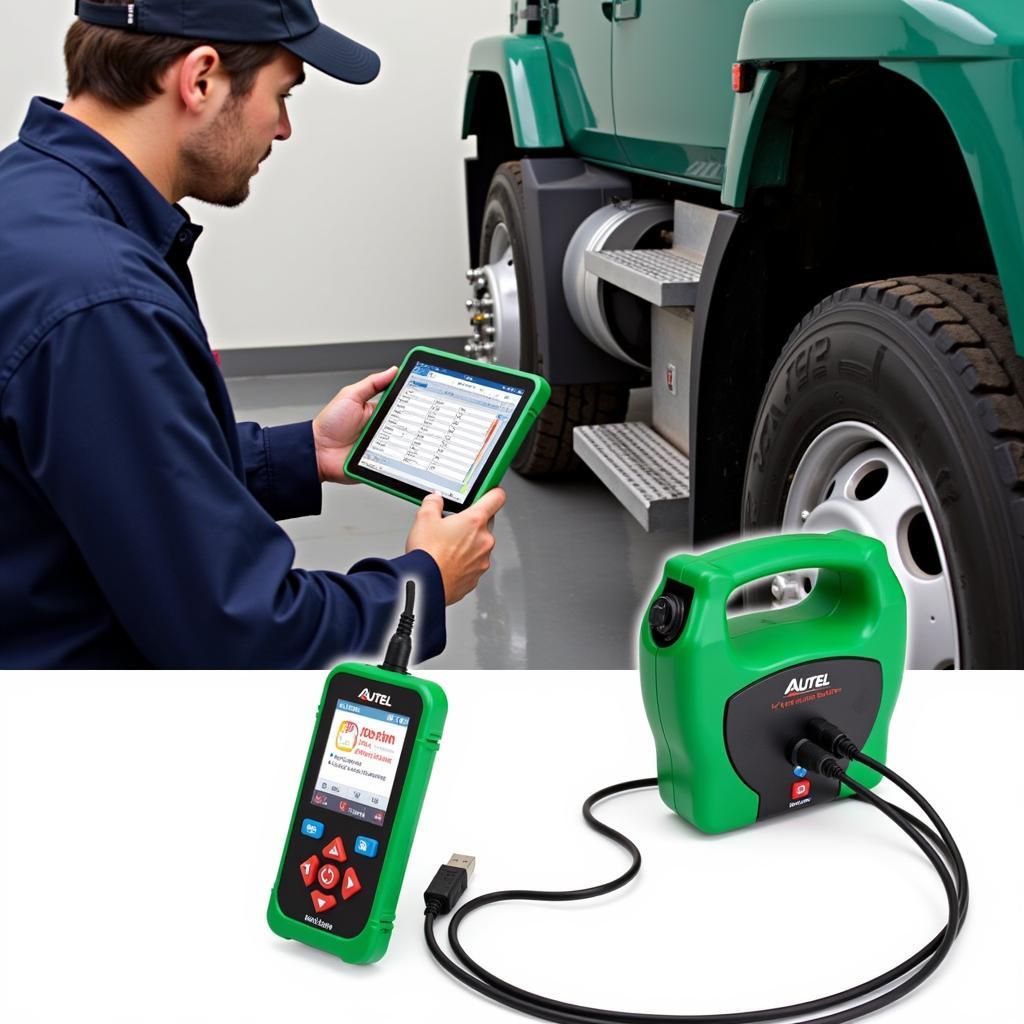 Mechanic Using Autel Scanner with Green Adapter