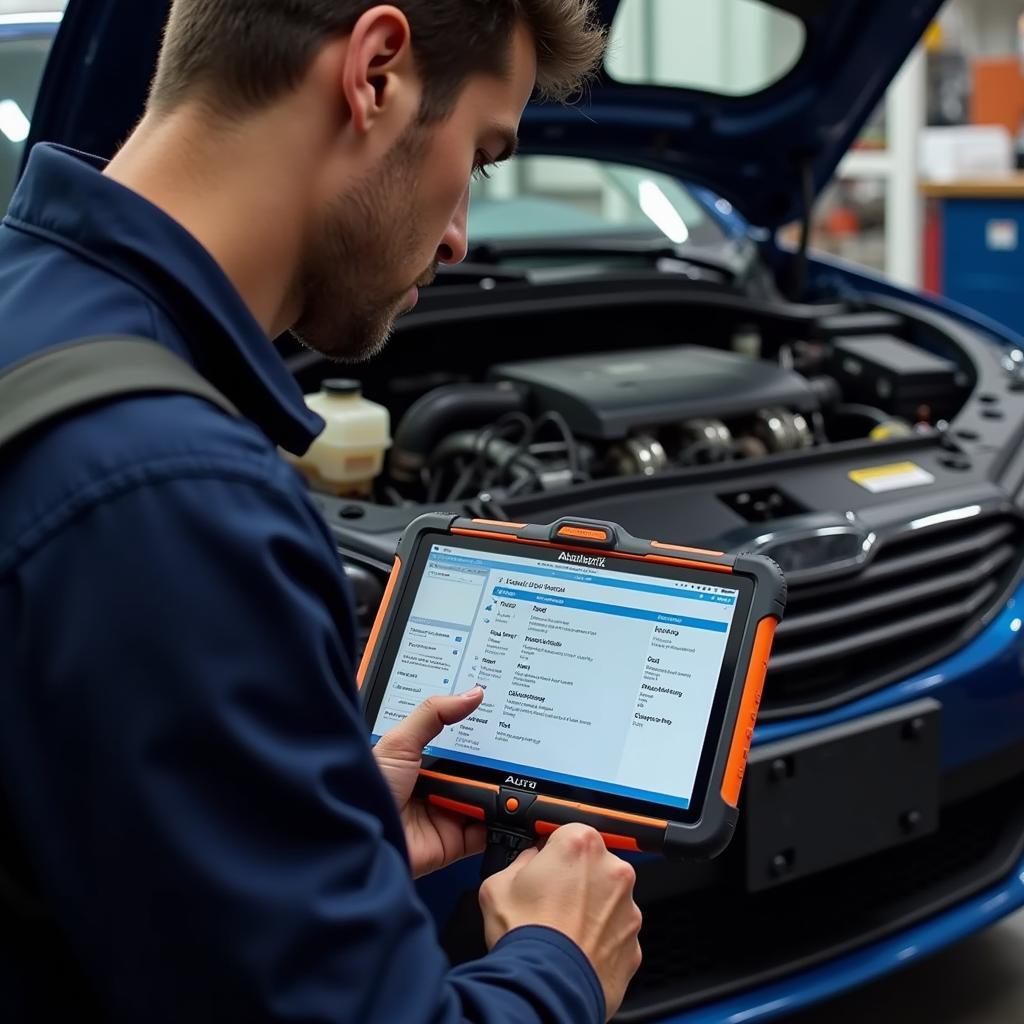 Mechanic Using Autel Starlink App on Tablet