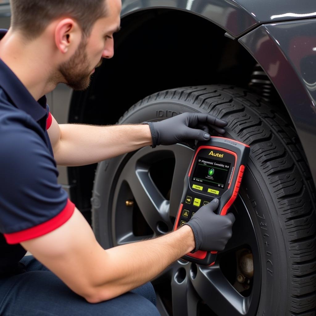 Mechanic Using Autel to Program Schrader Sensor