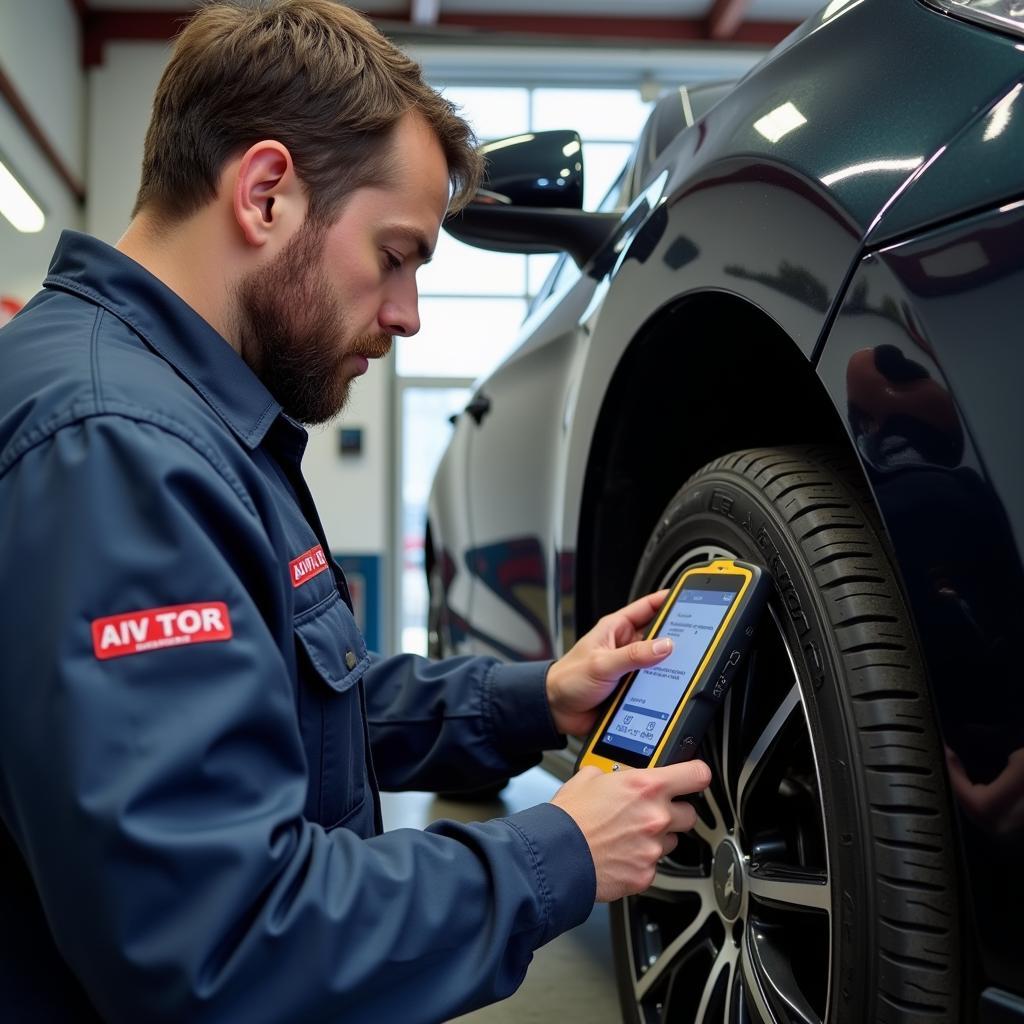 Mechanic Using Autel TPMS Tool in Garage