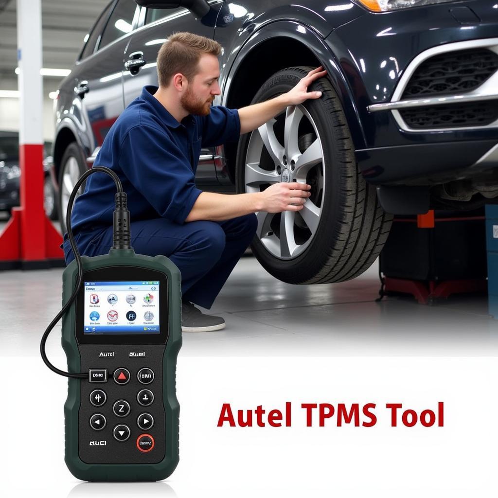 Mechanic using Autel TPMS tool on a car