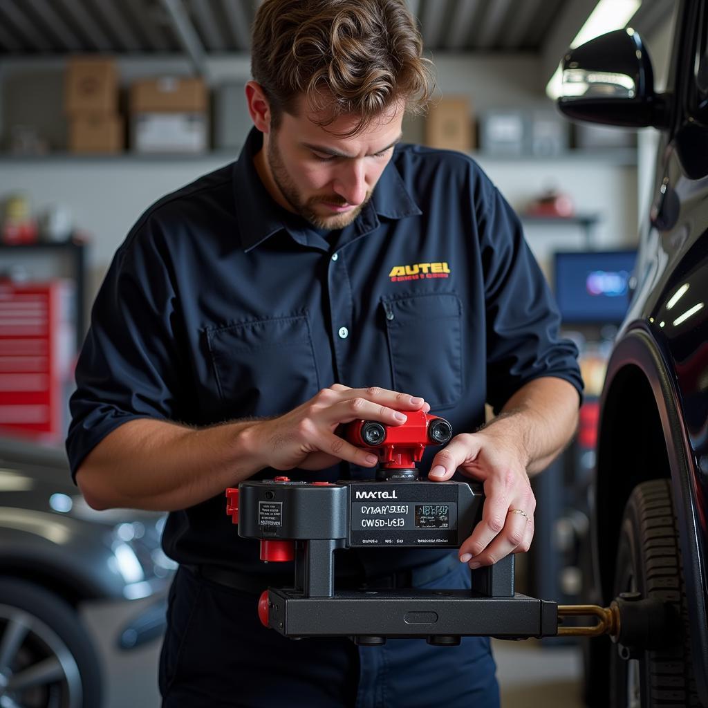 Mechanic Using Autel VAG505 in Workshop