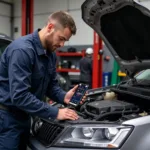 Mechanic Diagnosing Car with Cell Phone Scan Tool