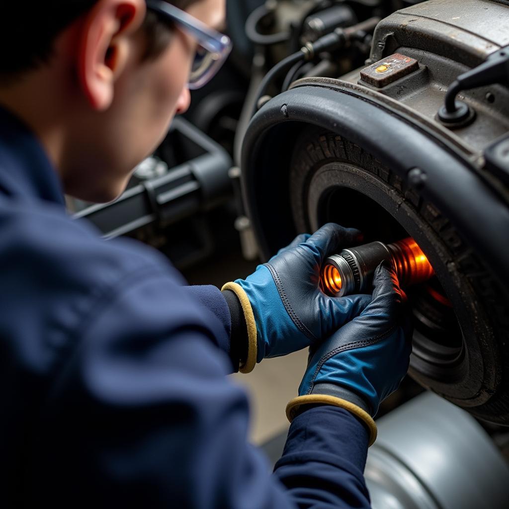 Mechanic using Circumferential Acoustic Scanner on Car Part