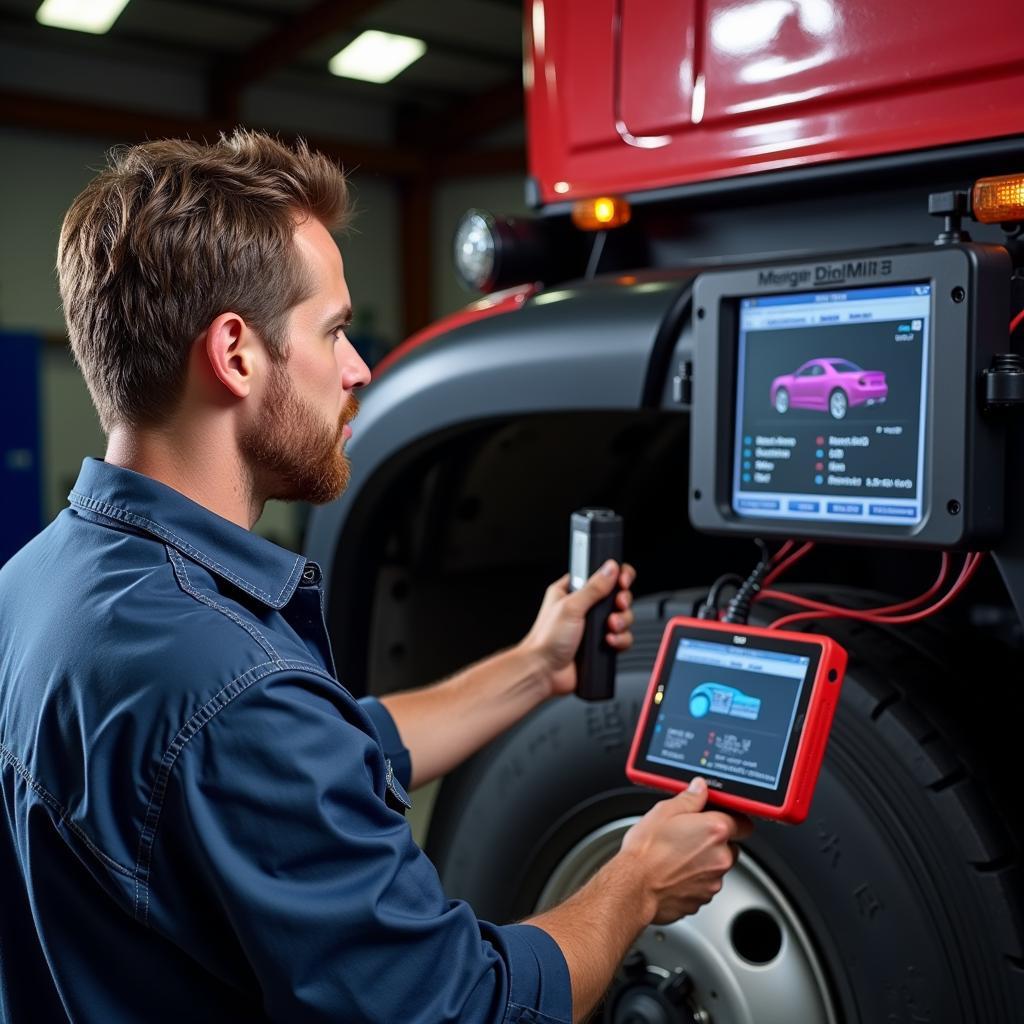 Mechanic Using a Class 8 Scan Tool on a Truck