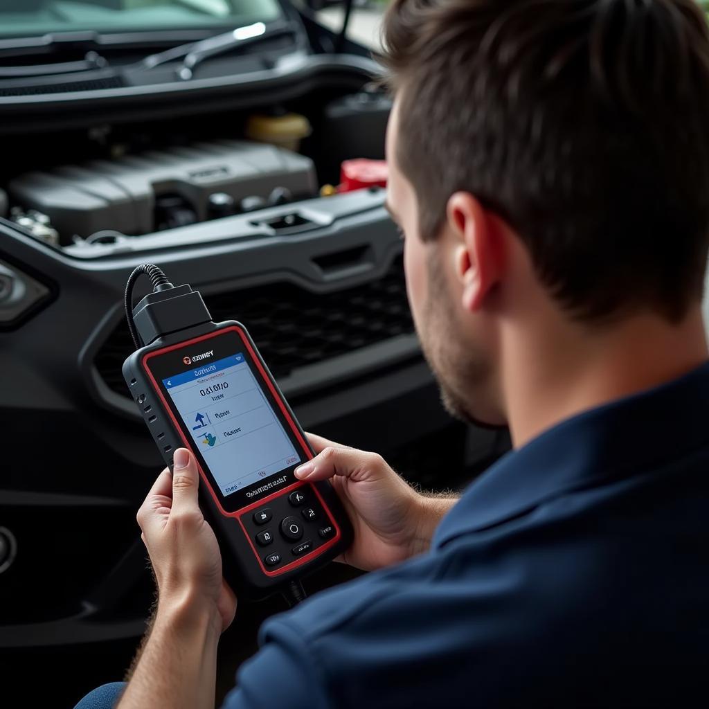 Mechanic Using a Data Scanning Tool on a Car