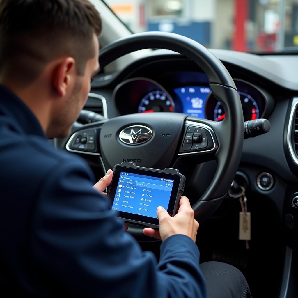 Mechanic Diagnosing a Crystal 200 Car 2015 with a Dealer Scanner