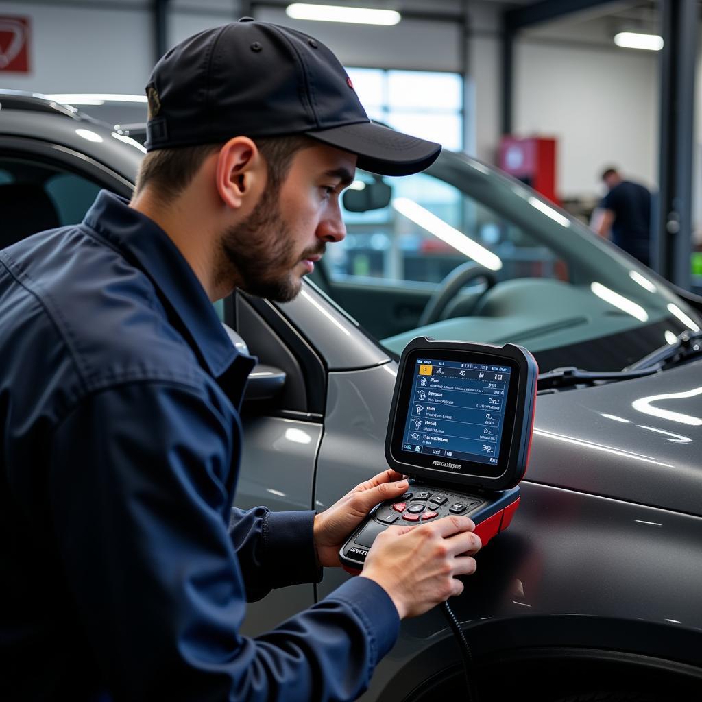 Mechanic using a dealer scanner to diagnose a car