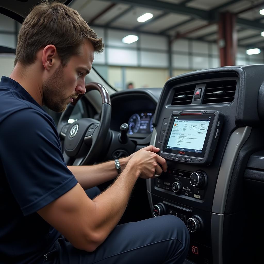 Mechanic Utilizing a Dealer-Level Scanner in a Garage