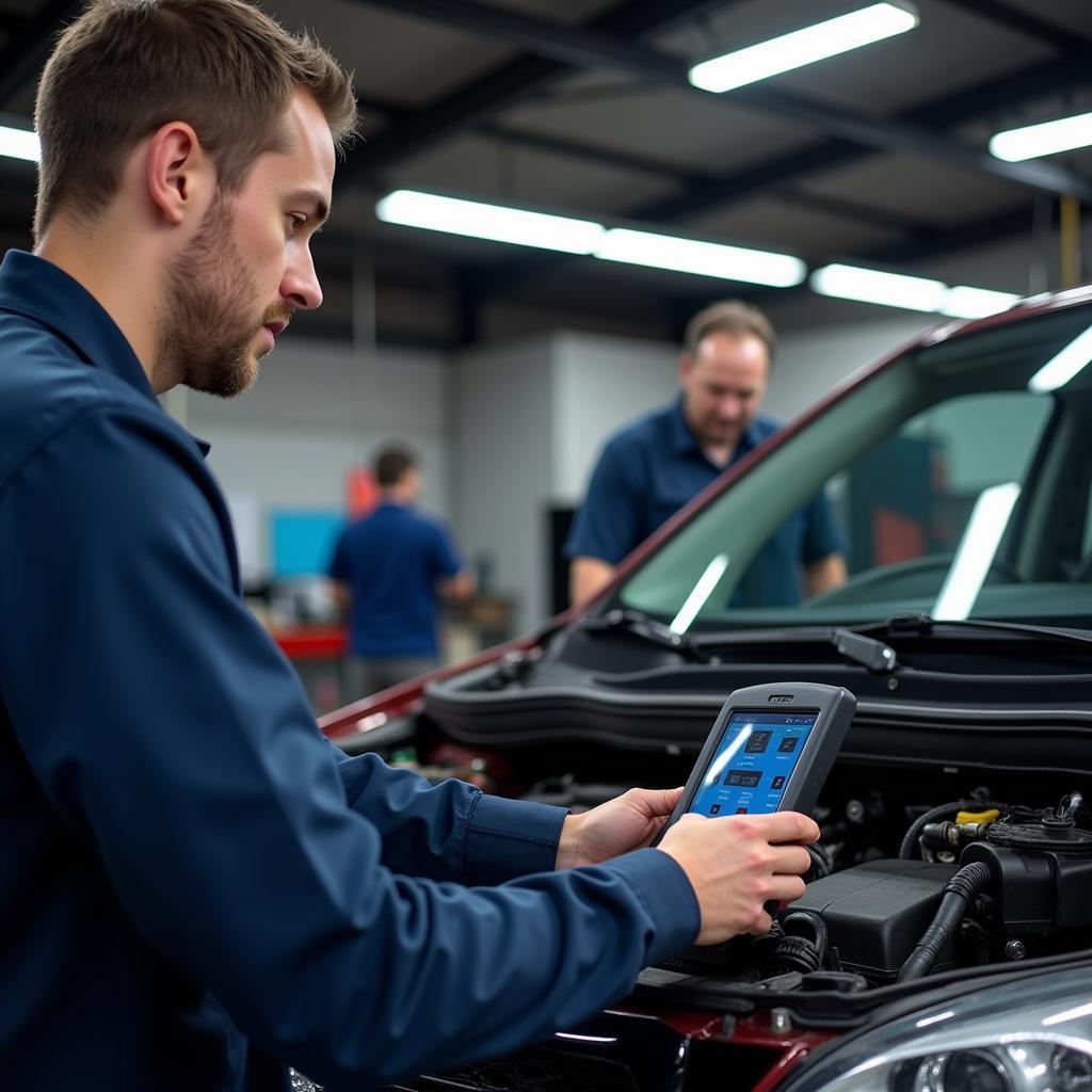 Mechanic Using a Dealer Scanner for Car Repair