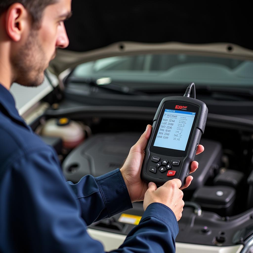 Mechanic using dealer scanner for car diagnostics