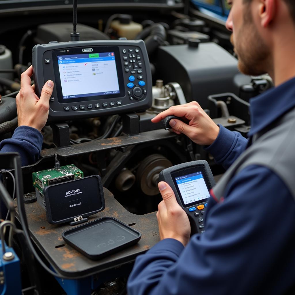 Mechanic Using Dealer Scanner for Part Replacement