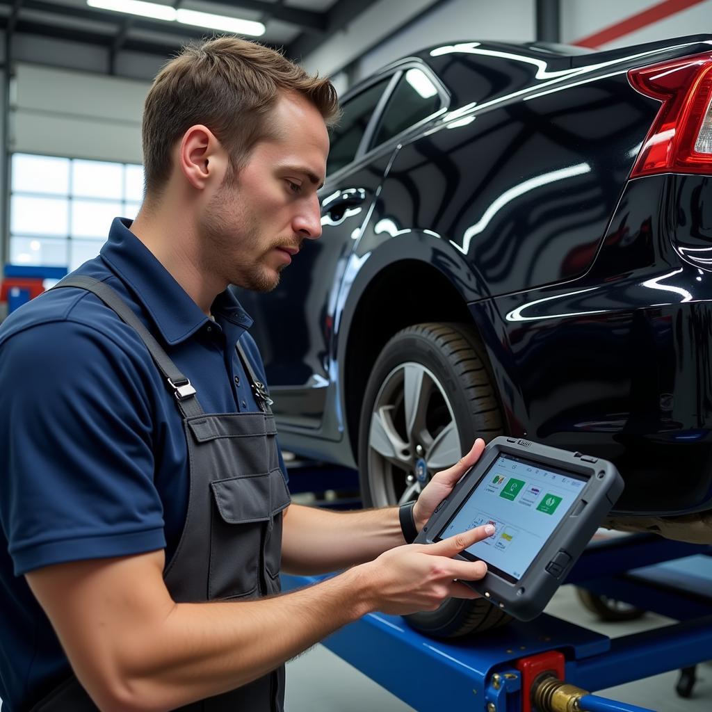 Mechanic Using Dealer Scanner for Quick Car Diagnosis