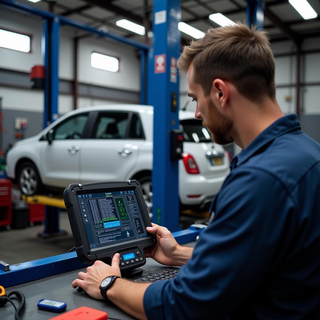 Mechanic using dealer scanner in a workshop