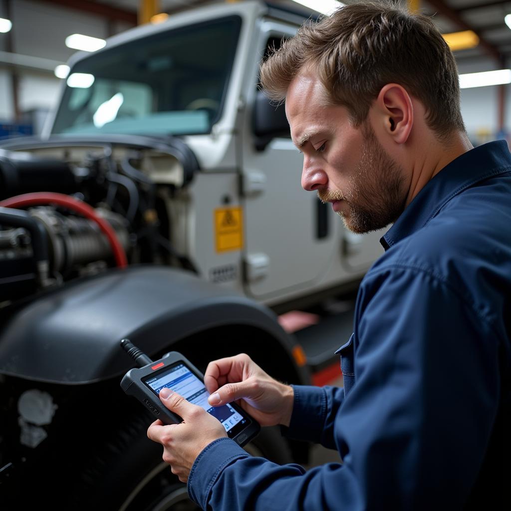 Mechanic Using Dealer Scanner in Workshop