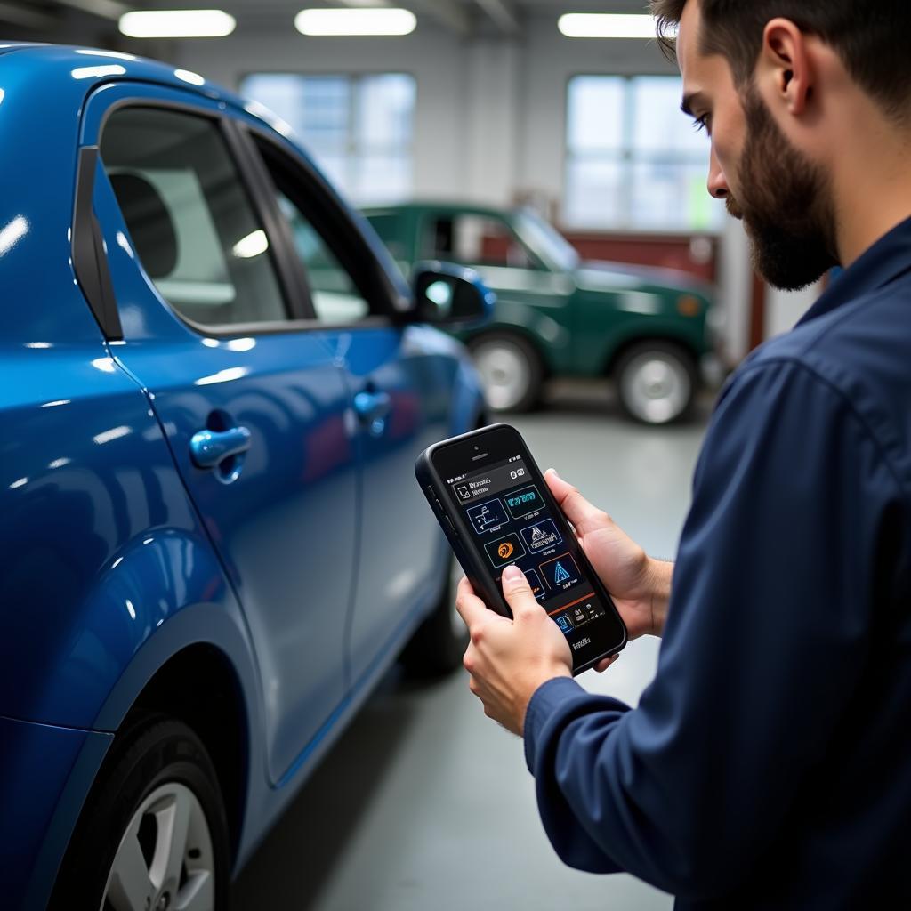 Mechanic Using a Dealer Scanner on a Blue Car