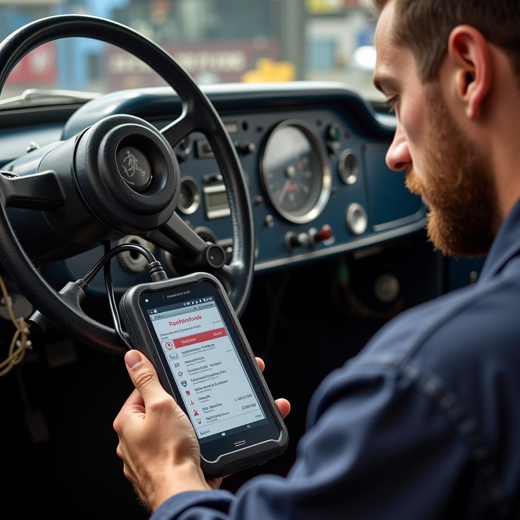 Mechanic Using Dealer Scanner on an Antique Car