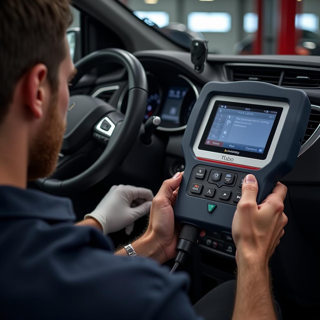 Mechanic Using a Dealer Scanner for Diagnostics