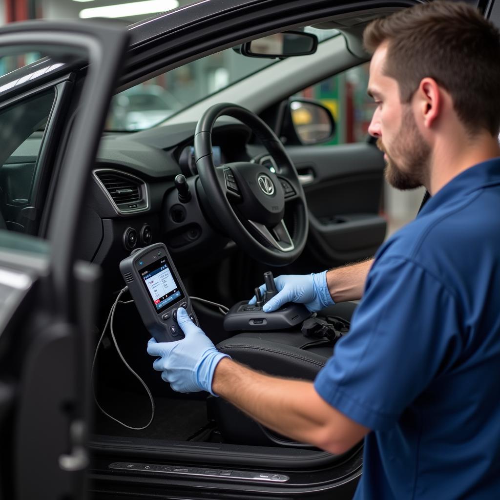 Mechanic Using a Dealer Scanner on a Car