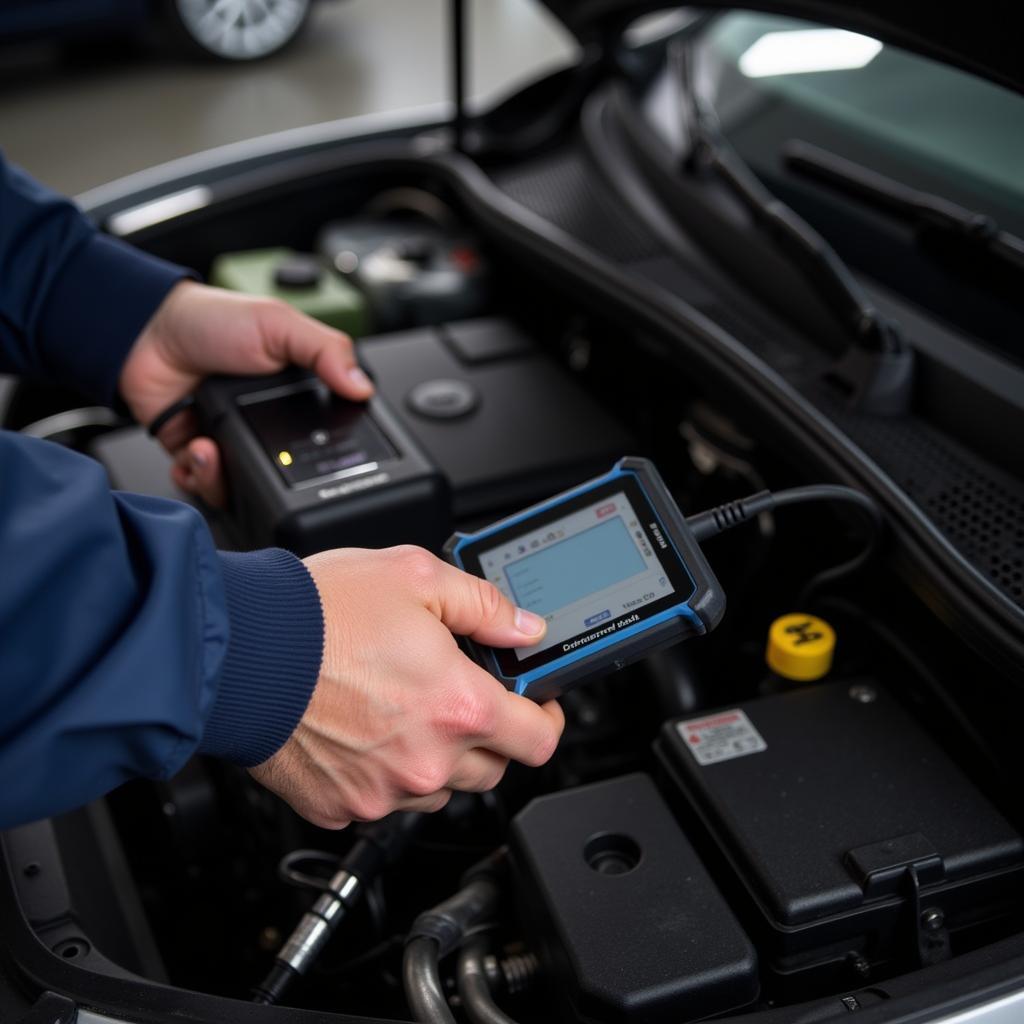 Mechanic Using Dealer Scanner on Car Engine